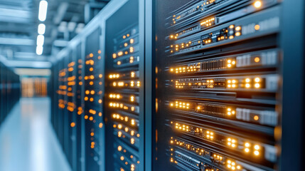 Data center servers with blinking LEDs in modern facility create high tech atmosphere