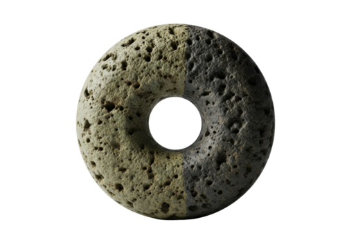 Rustic hand-carved moss green and charcoal stone torus, rough and porous with natural imperfections, isolated on transparent background, soft studio light concept of ancient relic