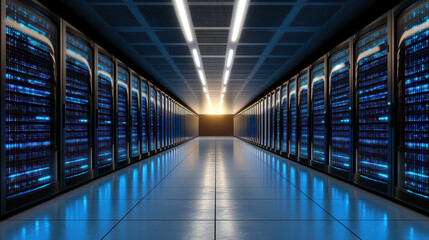 High tech server room with illuminated racks and reflective floor creating futuristic atmosphere