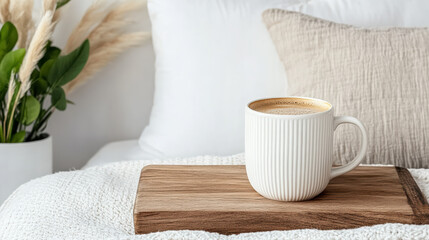 Cozy morning scene with coffee cup on wooden tray, surrounded by soft textiles and greenery