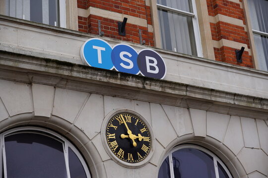 Romsey, England 14 October 2024 - TSB bank branch exterior with signage. Money and financial services in the UK 