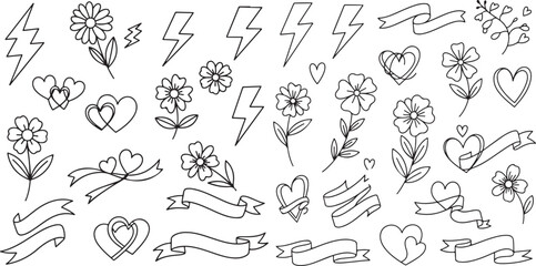 Hand-drawn Doodle Art Set with Hearts, Flowers, Lightning, and Ribbons