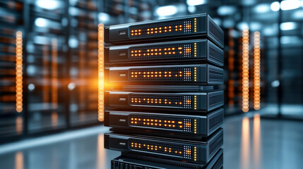 High tech server nodes stacked with layered security features, glowing lights enhance modern