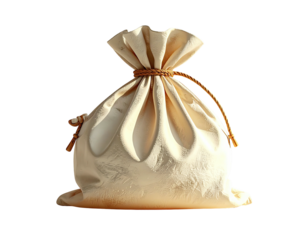 A beige cloth sack, gathered at the top and tied with a brown cord, sits on a dark background; its fabric is slightly wrinkled