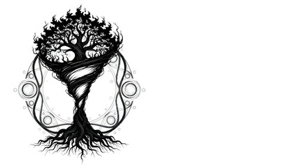 Twisted vitality: a symbolic monochrome tree with vortex energy surge and geometric embrace