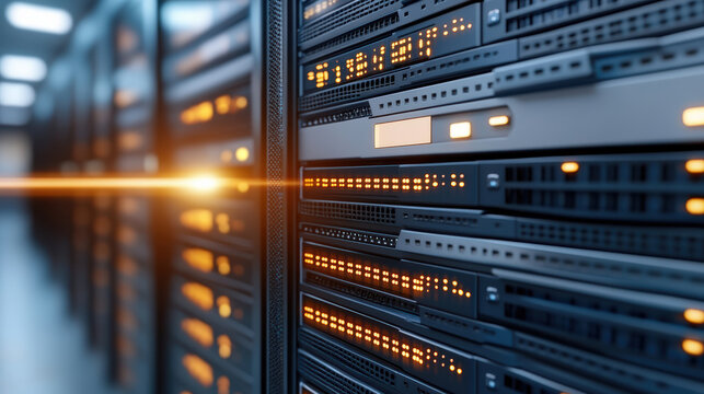 High tech server nodes with illuminated indicators showcase advanced technology and security