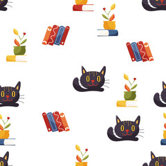 Vector seamless pattern with black cat faces, books and small potted plants on white background. Good for textiles, wrapping paper, stationery and school designs