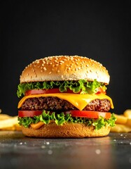 Delicious hamburger with cheese, lettuce, and tomato, served with fries, against a dark background. Mouthwatering culinary delight