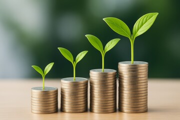 Green plants growing from stacked coins symbolizing financial growth and eco investment concept on a light wooden surface and green background. Ai generative