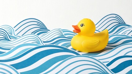 
A bright yellow rubber duck floating on stylized blue and white striped waves, playful minimal studio concept with clean colors.