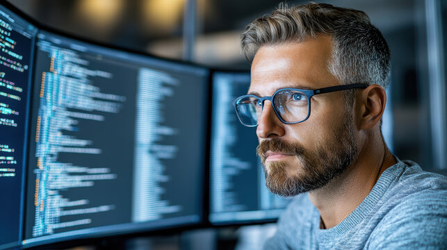 Focused technician analyzing server metrics on multiple screens, showcasing data analysis skills