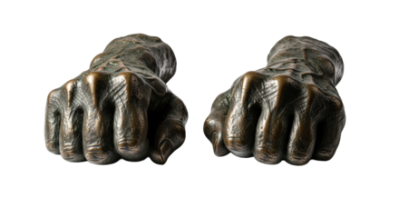Two mature, detailed oxidized bronze human hand castings with verdigris patina, deep etches, and calluses, on a stark white studio background, museum-quality concept of labor and resilience