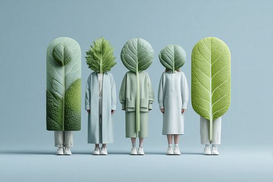 Creative designers with leaf inspired outfits in studio setting