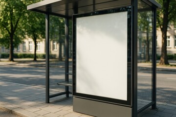Fototapeta premium Blank advertising display at modern bus stop with clean layout and sunlight on empty city street background for branding or design mockup presentation.