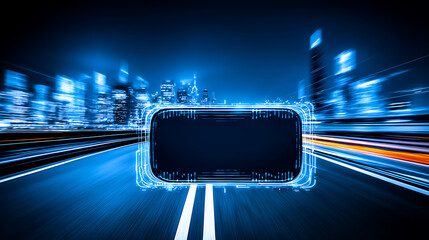 Digital interface overlay on a futuristic cityscape with motion blur and neon lighting