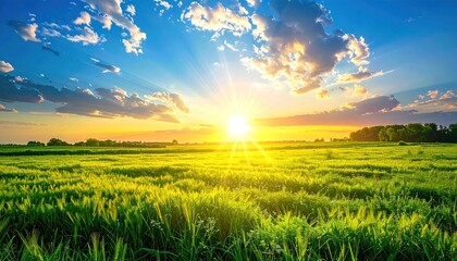 Brilliant sunlight shining over a grassy field, fluffy clouds accent the vibrant blue sky in a serene natural landscape