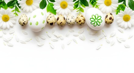 Easter eggs decorated with green flower and polka dots, quail eggs, and daisies isolated on white background
