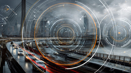 Futuristic cityscape with digital overlays and traffic on a bridge under stormy skies