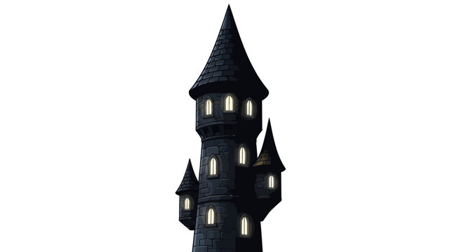 Cartoonish Dark Stone Castle Tower with Illuminated Windows on a White Backdrop