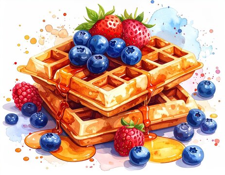 Stacked waffles topped with fresh berries and honey drizzle (1) - Powered by Adobe