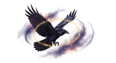 Celestial raven soaring through a sparkling cosmos, symbolizing wisdom and mystery
