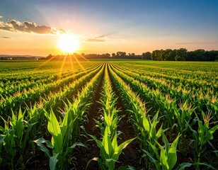 Rows of green corn plants stretch toward a vibrant sunset. Fields are bathed in golden light, promising a future harvest in the countryside