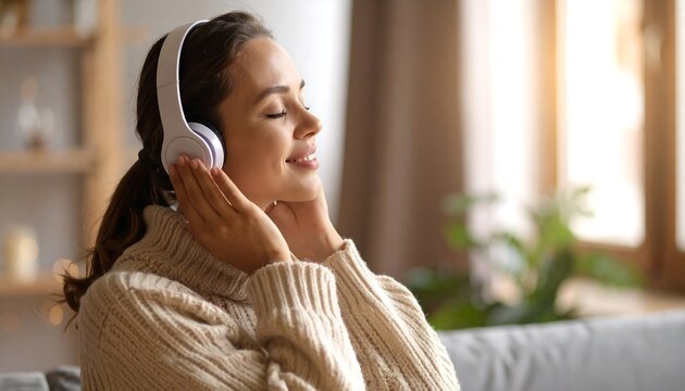 Woman relaxes, eyes closed, enjoying music via headphones - Powered by Adobe