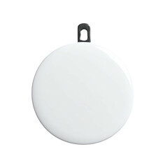 A smooth, white, circular disc pendant with a small, dark grey metal loop at the top