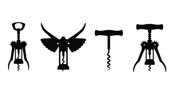 Set of four distinct wine corkscrew silhouettes ideal for barware and beverage themes vector