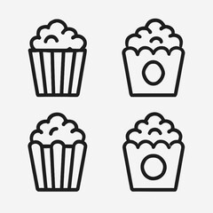 Four simple black and white popcorn bucket icons, different designs, on a light gray background.