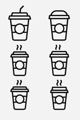 A collection of six stylized line art icons representing disposable coffee cups, some with steam indicating hot beverages.