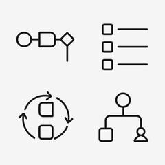 Four simple flowchart icons: process, list, cycle, hierarchy.