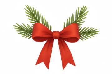 Red christmas bow decoration with pine tree sprigs, festive holiday ribbon element on transparent background