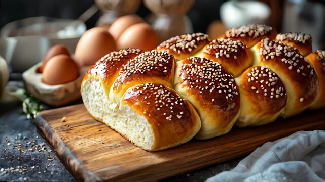 Video featuring homemade challah&mdash;a classic Jewish bread&mdash;prepared with eggs, white flour, water, sugar, salt, and yeast, then finished with sesame and poppy seeds against a dark backdrop.