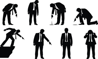 Business stress silhouette set, black, suit poses, kneeling, cliff edge, head holding, dramatic gestures, vector emotional posture illustration bundle