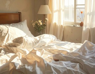Cozy bedroom with sunlight, flowers, and crumpled sheets