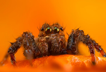 A close-up photo of a striking spider. Natural background. Spider species; jumping spider. Salticidae.