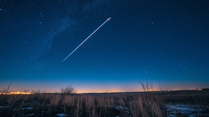 Vibrant night sky with a bright satellite trail over a field, perfect for science and space projects