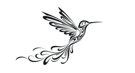 Elegant stylized hummingbird illustration featuring a black tribal tattoo design flying on a white