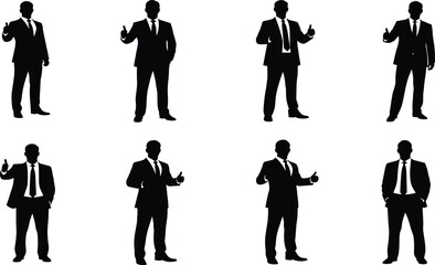 Businessman thumbs-up silhouette set, black, confident gestures, formal attire, approval and success theme, vector professional posture illustration bundle