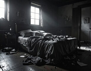 Dimly Lit Messy Bedroom with Crumpled Bedding