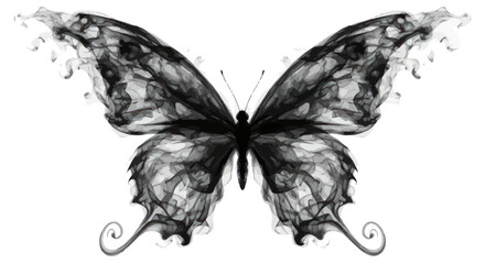 Ethereal butterfly formed from wisps of smoke against a clean white backdrop creating contrast and