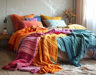 Cozy bedroom with vibrant blankets and pillows in warm tones