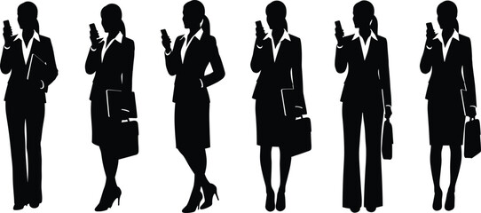 Businesswoman silhouette set, black, smartphone and handbag poses, pantsuits and skirt suits, modern workplace theme, vector lifestyle illustration bundle