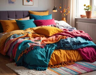 Colorful cozy bedroom with vibrant bedding