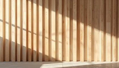 Obraz premium A light-filled interior space showcases a light beige wooden wall paneling, casting vertical shadows that create a striking visual effect.