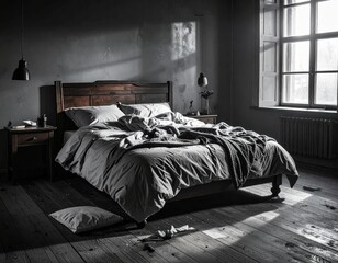 Cozy, untidy bedroom with natural light streaming in