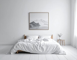 Minimalist bedroom with white bedding and mountain artwork