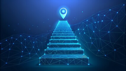 Futuristic glowing blue digital staircase leading to a bright glowing destination pin