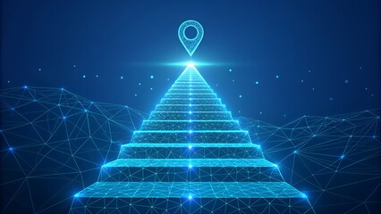 Futuristic glowing blue digital staircase leading to a bright glowing destination pin